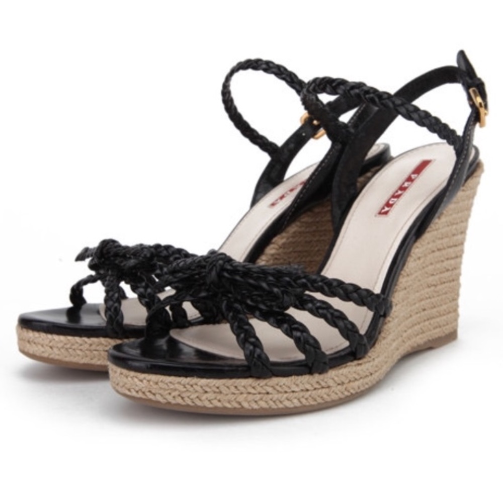 Prada Black Woven Leather Wedges
